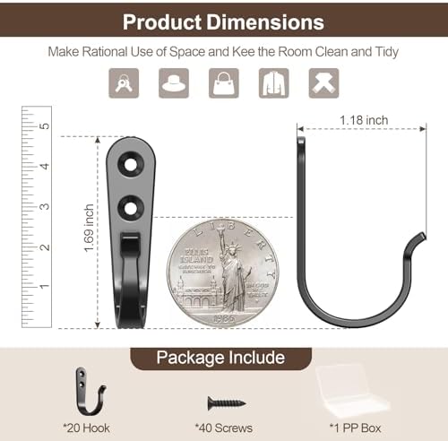 BREYDROK 20Pack Towel Hooks for Bathroom, Heavy Duty Black Metal Wall Hooks - Image 3