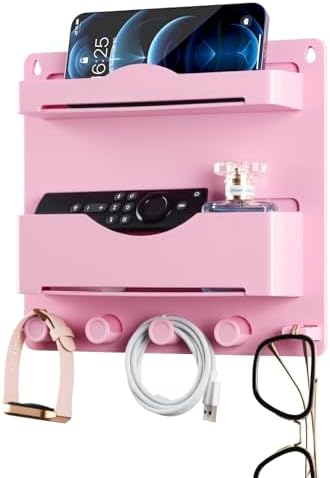 Pink Bedside Shelf Organizer - Wall Mount Phone Holder with Glasses Hook & 50 Motivational Stickers for Girls Bedroom Dorm Decor - Image 4