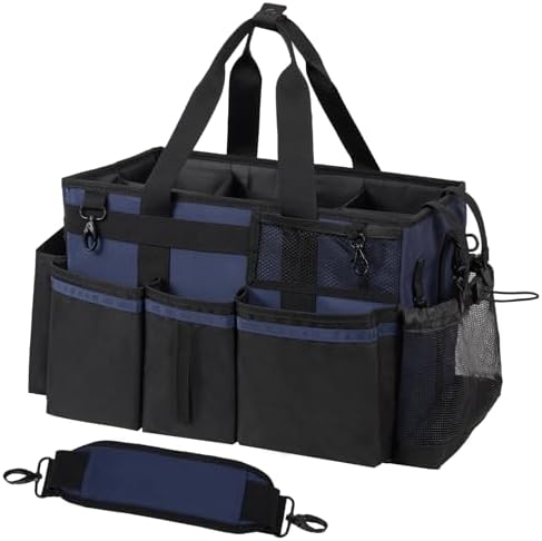 SCAVATA Wearable Cleaning Caddy, Cleaning Caddy Supplies Organizer with Handle & Shoulder Straps for Housekeepers, Under Sink & Car Cleaning Tool Organizers Bag with 4 Foldable Divider (NavyBlue) by Tidyyourlife