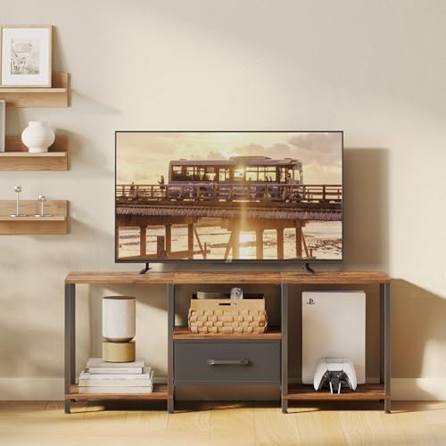JARHETUN TV Stand with Fabric Drawer for 55 Inch TV, Entertainment Center with Open Shelves, Media TV Console Table for Living Room, Bedroom, Rustic Brown - Image 2