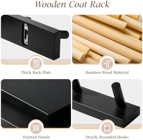 Coat Rack Wall Mount, Wooden Coat Hanger, Black, 2 Pcs - Image 3