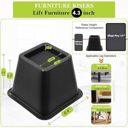 6 Pack Furniture Risers 4 Inch, Bed Risers Heavy Duty for Table Desk Couch Chair Sofa Cabinet Bed Frame Dorm, Square Table Leg Risers Lift Height 4.3", Black - Image 2