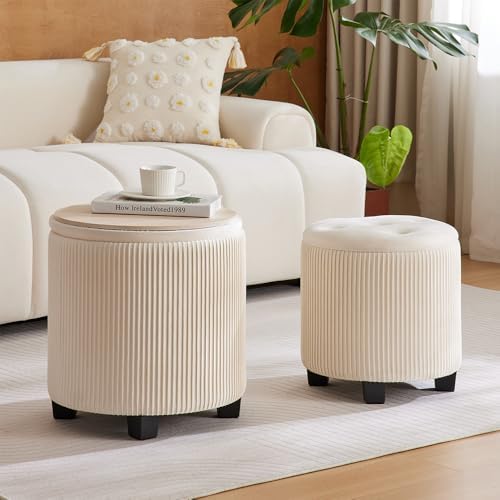BLEXA Big Round Ottoman with Storage Set of 2, Velvet Makeup Vanity Stool - Image 2