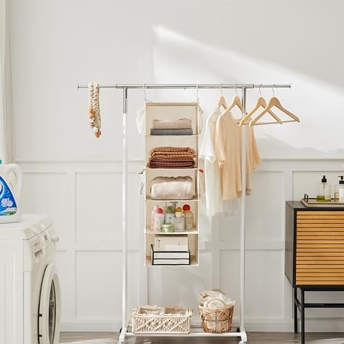 MAX Houser 5 Tier Hanging Closet Organizer with 4 Side Pockets, Beige - Image 4