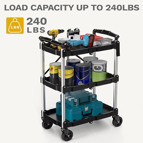 DWVO 3-Tier Foldable Service Cart with Swivel Wheels & Brake, 240LBS - Image 5