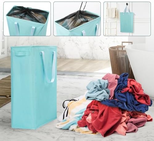Odonata Slim Laundry Hamper Handles Collapsible Laundry Basket Thin Dirty Clothes Basket Narrow Laundry Bag Foldable Dirty Hamper 45L (Baby Blue) - Image 7