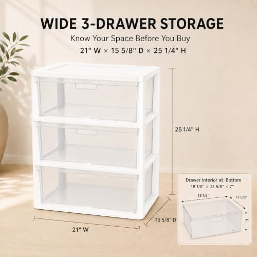 Plastic Storage Drawers, 3 Drawer Tower with Clear Removable Bins, White - Image 2