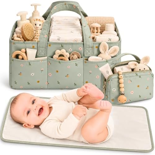 PeraBella Baby Diaper Caddy Organizer 3 Pcs Set, Floral Baby Basket Shower Gift, Nursery Organizer Basket for Newborn Boy Girl Essential Items, Changing Table Organizer Caddy for Baby Stuff, Car Caddy by PeraBella