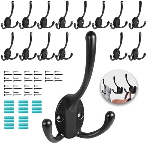 Wall Mounted Coat Hooks 15 Packs Heavy Duty Black Hardware Robe Hooks Decorative for Single Hanging Coats Towel Cubicle Classroom Kitchen Bath Backpack Hat Hook by HADWER