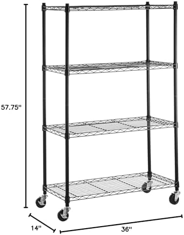 Amazon Basics 4-Shelf Heavy Duty Garage Shelving Storage Unit on 3" Wheel Casters, Adjustable Metal Wire Rack with Leveling Feet, 36" x 14" x 57.75", Black - Image 6