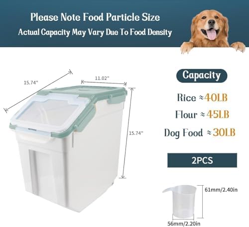 Rice Storage Container 2 Pack 50 lb Flour Storage Container with Wheels, BPA Free Food Storage Container with Measuring Cup Dog Cat Food Bin Set for Dry Food Sugar, Cereal-Green - Image 3