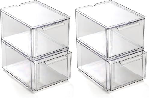 BINO | Clear Stackable Storage Drawers, Medium - 4 Pack | Clear Storage Drawers with Built-In Handles | Durable Plastic Organizer Drawer | Modular Stackable Drawer Acrylic Organizer by BINO