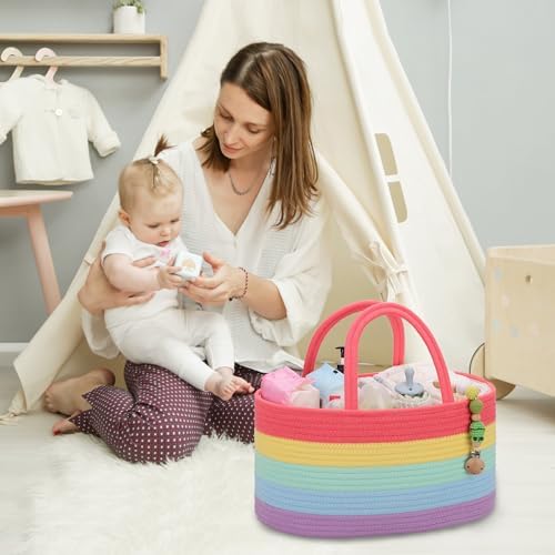 COMSE Large Cotton Rope Baby Diaper Caddy Organizer with Handles, Rainbow - Image 3