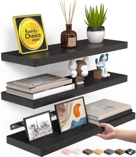 BAYKA Black Floating Shelves 15.7in, Set of 3, Wall Mount Rustic Wood Shelf by Bayka