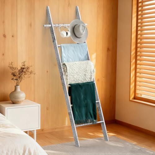 Farmhouse Wooden Blanket Ladder Living Room White 6-Tier - Image 2