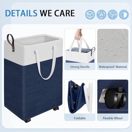 HomeHacks 75L Rolling Laundry Basket with 4 Wheels Collapsible Blue - Image 3