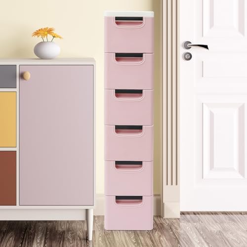 6 Drawers Narrow Slim Plastic Storage Cabinet,Storage Drawer with Wheels,6 Tier Drawers Dresser,Rolling Narrow Cabinet for Small Spaces Bathroom Kitchen Living Room,Pink - Image 2