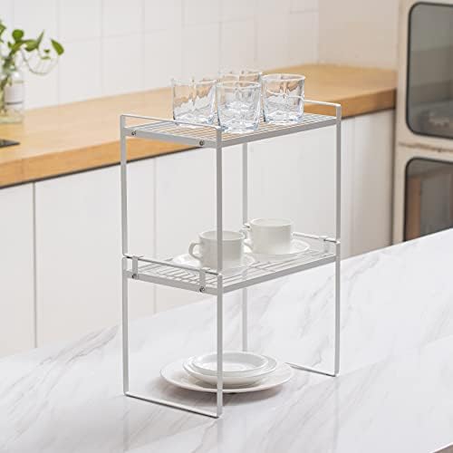 Shantton 2pk Kitchen Cabinet Shelf Counter Organizer Rack Pantry Storage Bathroom Bedroom Office Table Desk Space Saving Steel Frame Stackable Rust Resistant Non Slip White-Tall- L13in W8.3in H9.5in - Image 2