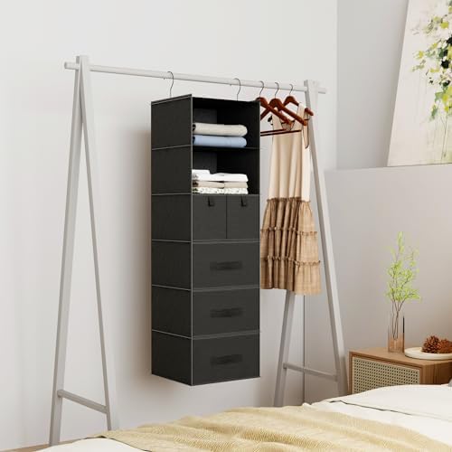 6-Shelf Hanging Closet Organizer with 5 Drawers, Non-Woven Storage, Black - Image 3