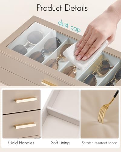 VLANDO 18-Slot Sunglasses Organizer Case with Clear Lid & 3 Drawers,Toffee - Image 3
