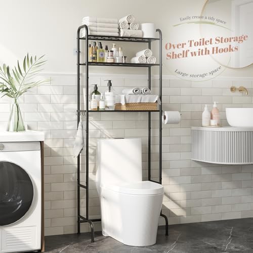 STDDRE 3-Tier Over The Toilet Storage Space Saver with Paper Holder Freestanding Rack Metal Bathroom Shelves with Hooks Above The Toilet Storage Shelf (Black, 3 Tier) - Image 4