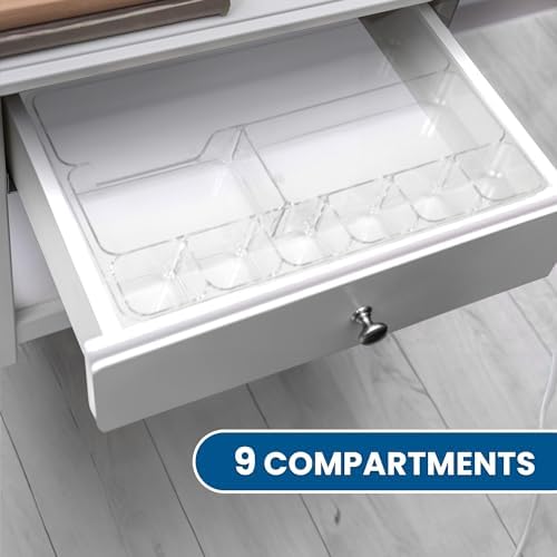 Manaloom Desk Drawer Organizer Tray with 9 Storage Compartments - For Home and Office - Drawer Organizers Office, Perfect Organizing Pens, Pencils, Paper Clips, Sticky Notes - Clear - 2 Pack - Image 7