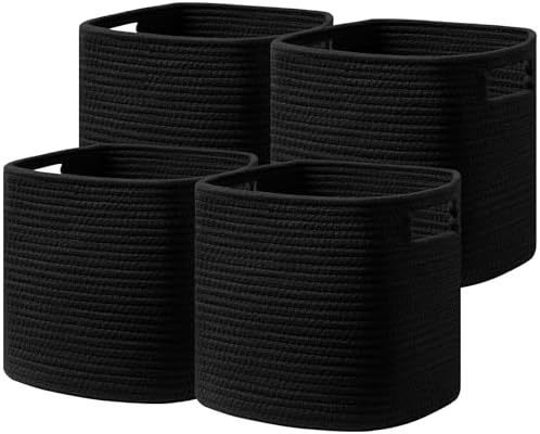 UBBCARE Set of 4 Storage Basket-13 X 13 X 13 in, Cotton Rope Basket for Shelves, Toys, Book, Cube Storage Bins with Handles, Woven Storage Basket for Organizing, Black by UBBCARE