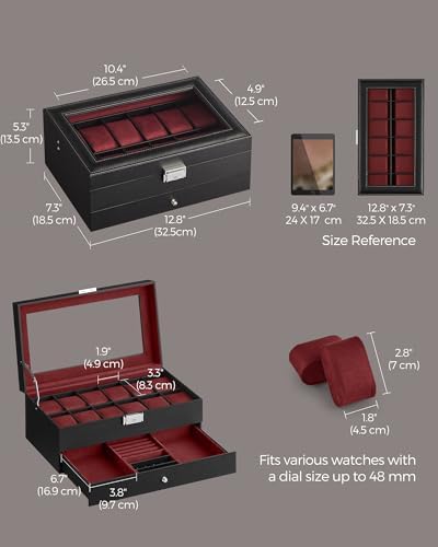 SONGMICS 12-Slot Watch Box, Lockable with Glass Lid, 2 Layers Watch Case - Image 5