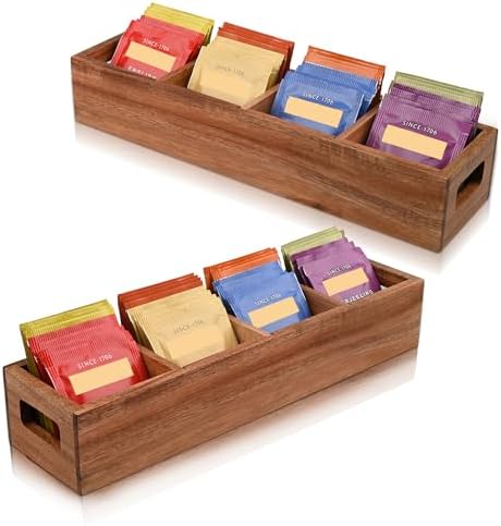 Acacia Wood Tea Bag Organizer with 4 Slots – Tea Bag Holder and Tea Organizer, Sugar Packet Storage for Countertops, Set of two by villasmallbusiness