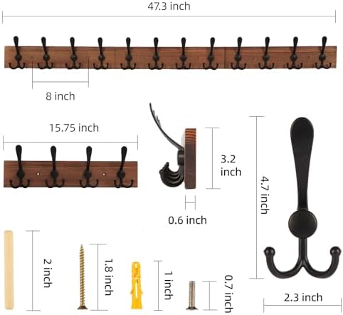 Wall Mount Coat Rack 47.3'' Burnt Brown Hanger - Rustic Towel Rack for Bathroom, Living Room - Hooks for Coats, Hats, Clothes - Image 6