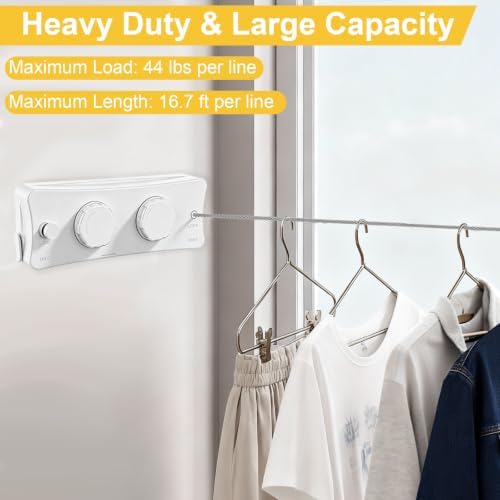 Retractable Clothesline Indoor & Outdoor, 16.7 Ft Non-Sagging Double Clothes Line, Retracting Heavy Duty Clothes Drying Laundry Line, Wall Mounted Stainless Steel Line (White, Dual Line) - Image 2