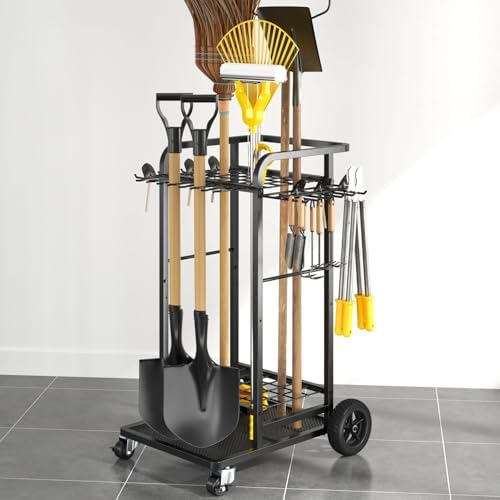 SOYEEZE Garden Tool Organizer with Large Wheels, Heavy Duty 3-Tier Yard Tower Tool Rack for Garage, Holds Up to 35 Long-Handled Tools, Garden Tool Cart with 12 Hooks for Tool Organization Storage by SOYEEZE
