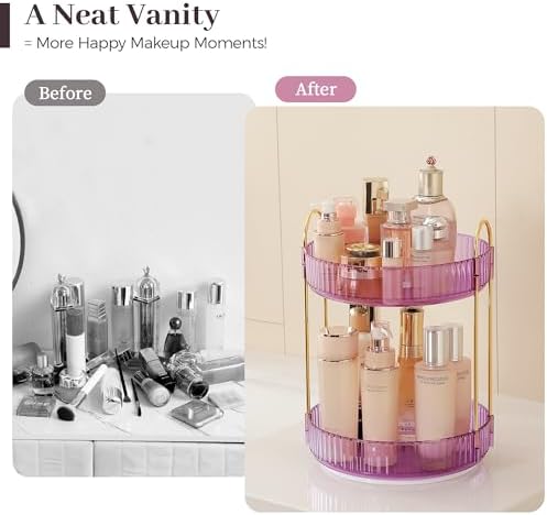Aveniee Rotating Makeup Organizer for Vanity, Perfume Skincare Organizers Spinning, 2 Tier Bathroom Countertop Storage, Cosmetics Lipstick Holder for Counter Dresser,Purple - Image 4