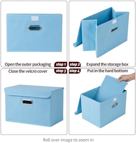 STOREONE Fabric Storage Cube Bins Foldable Organizer Container Collapsible Basket with Lids and Metal Handles, for Home, Bedroom, Closet 3 Pcs (multicolour-blue) - Image 6