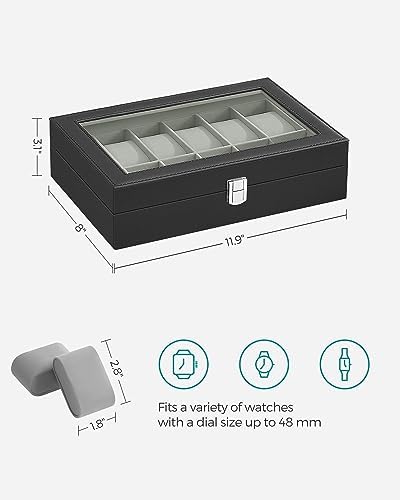 SONGMICS Watch Box, 12-Slot Watch Case Organizer with Large Glass Lid, Removable Pillows, Gift for Loved Ones, Black Synthetic Leather, Gray Lining UJWB12BK - Image 6