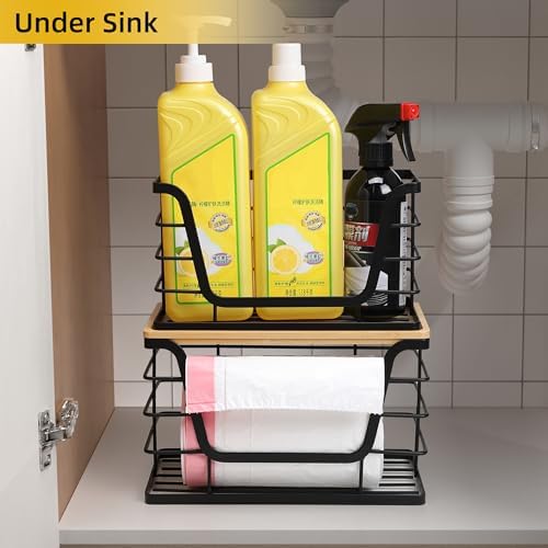 ALOCEO 2 Pack Storage Stackable Kitchen Laundry Organizers with Bamboo Top, Large Trash Bag Holder and Small Garbage Bag Dispenser for Countertop Organization - Image 2