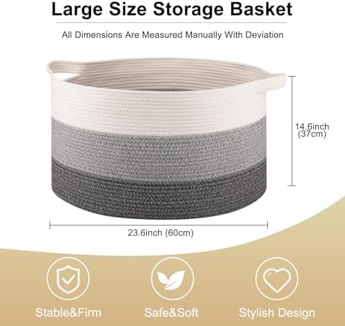 OIAHOMY 105L Extra Large Blanket Basket - Decorative Cotton Rope Storage Basket for Bedroom, Living Room & Nursery - Woven Laundry Hamper for Organizing Blankets, Clothes & Toys - Gradient Grey - Image 3