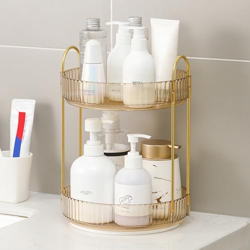 360 Rotating Makeup Organizer for Vanity, Bathroom Countertop Spinning Perfume Organizer, High-Capacity Cosmetic and Skincare Dresser Make Up Holder Rack (2 Tiers, Yellow) - Image 4