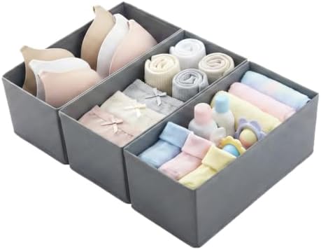 Small Foldable Fabric Drawer Organizer 3-Pack - 11" Breathable Closet & Dresser Storage Bins for Underwear, Socks, Baby Clothes & Bras, Grey by Unknown
