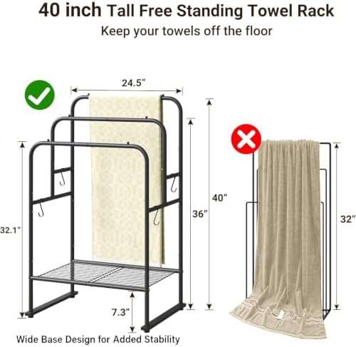 ELYKEN 3 Tier Freestanding Towel Rack with Shelf, 40" H Towel Stand, Black - Image 3