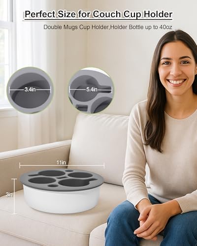 Round Couch Cup Holder Tray, Portable Couch Caddy, Black-Gray - Image 3