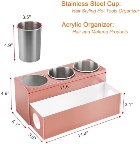GFWARE Hot Hair Styling Tool Organizer with 3 Stainless Steel Cups, Pink - Image 7