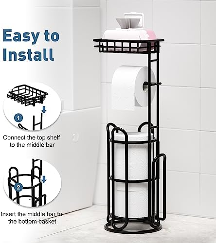 [Upgrade] Toilet Paper Holder Stand with Shelf Tissue Holders for Bathroom Free Standing Bath Tissue Roll Holder Magazine Rack for Mega Rolls/Phone/Wipe-Black - Image 6