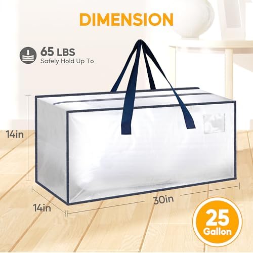 HealSmart 6 Pack Extra Large Moving Bags with Zippers & Carrying Handles, Heavy-Duty Storage Tote Moving Boxes for Dorm Room Essentials Storage Bags, Clear - Image 2
