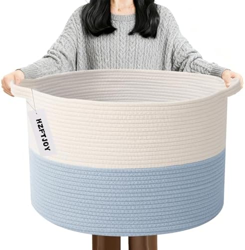 90L Large Blanket Basket,Woven Laundry Basket-White&Blue by HZFTJOY