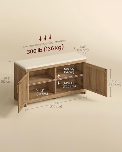 VASAGLE Boho Shoe Bench with Cushion, 2 Rattan-Look Cabinet Doors - Image 2