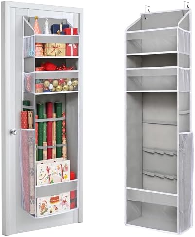 Ordovibe Wrapping Paper Storage Organizer – Over The Door Hanging Gift Wrap Holder for 15-30" Rolls, Space Saving Closet Organizer for Christmas, Halloween, Birthday with Side Mesh Pockets Gray by ORDOVIBE