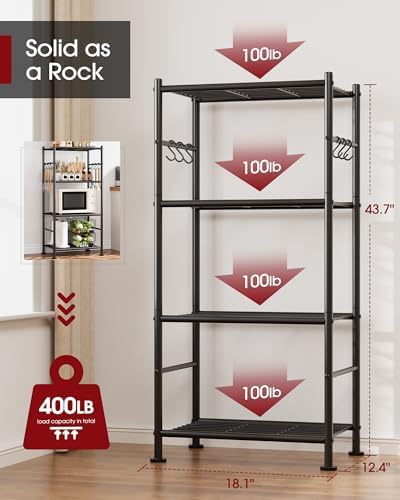 Sakugi Storage Shelves - 4-Tier Large Capacity Shelf Organizer with Hooks, Heavy-Duty Garage Shelving with Leveling Feet, Wobble-Free Rack for Bedroom, Balcony, Garage, 18.1"×12.4"×43.7", Black - Image 3