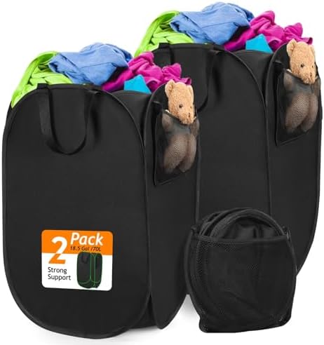 Upgraded Pop-up Laundry Hamper 2 Pack, 70L(18.5 Gal) Laundry Basket with Thickened 600D Oxford Fabric,2.4X Denser Mesh Side Pocket, 0.2mm Added Thickness Steel Frame, Easy to Open and Fold for Storage by HOUSEAGAIN