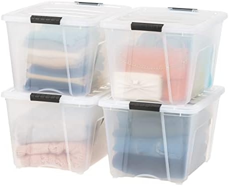 IRIS USA 54 Qt Stackable Plastic Storage Bins with Lids, 4 Pack - BPA-Free, Made in USA - See-Through Organizing Solution, Latches, Durable Nestable Containers, Secure Pull Handle - Clear by Unknown